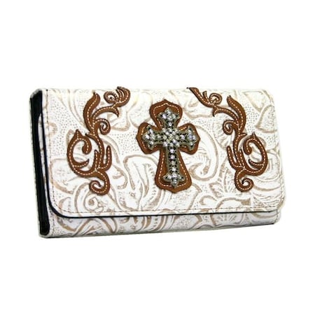 Ritz Ritz WC99-WT-BRN Western Rhinestone Bling Cross Trifold Wallet - White & Brown Trim WC99-WT/BRN